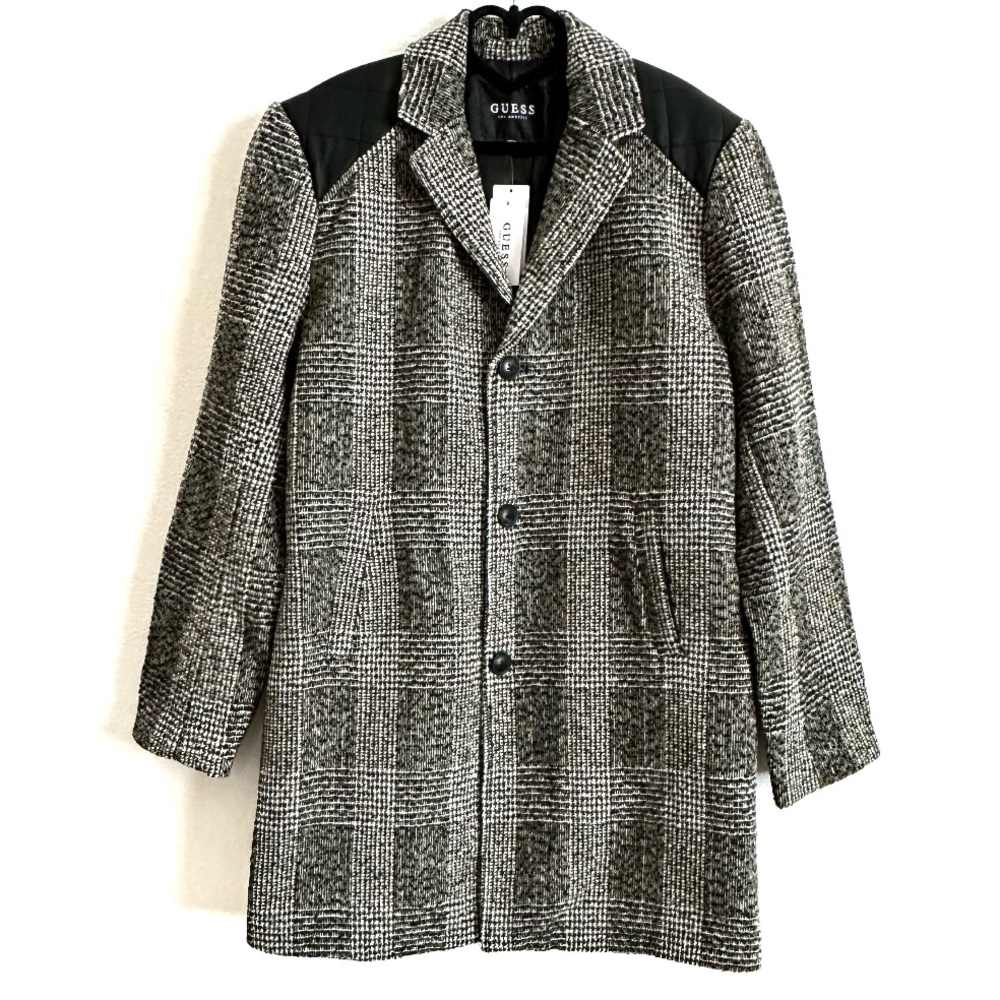 Guess Black White Plaid Tweed Faux Leather Trim Coat Jacket Size Large